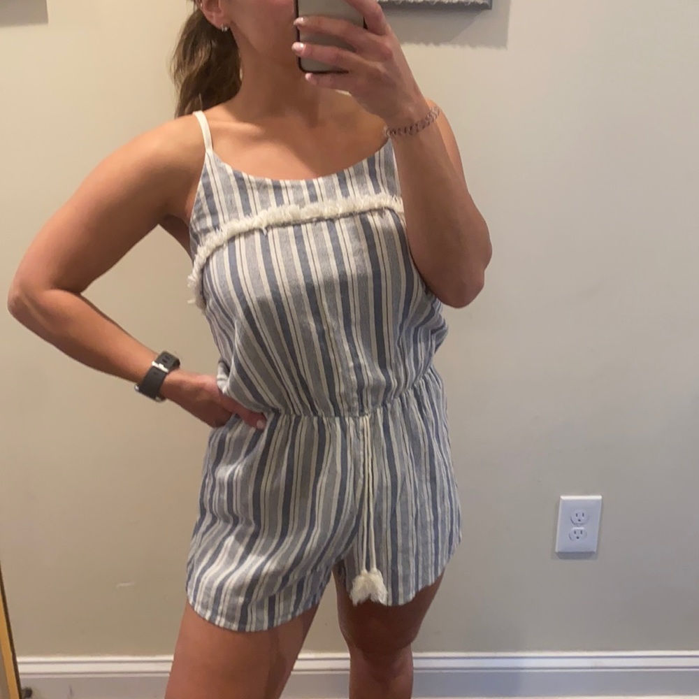Striped Adjustable Strap Fringe Detail Romper